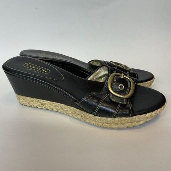 Coach Greer Black Leather Espadrille Wedge Sandals Women Size 11B - Picture 11 of 12